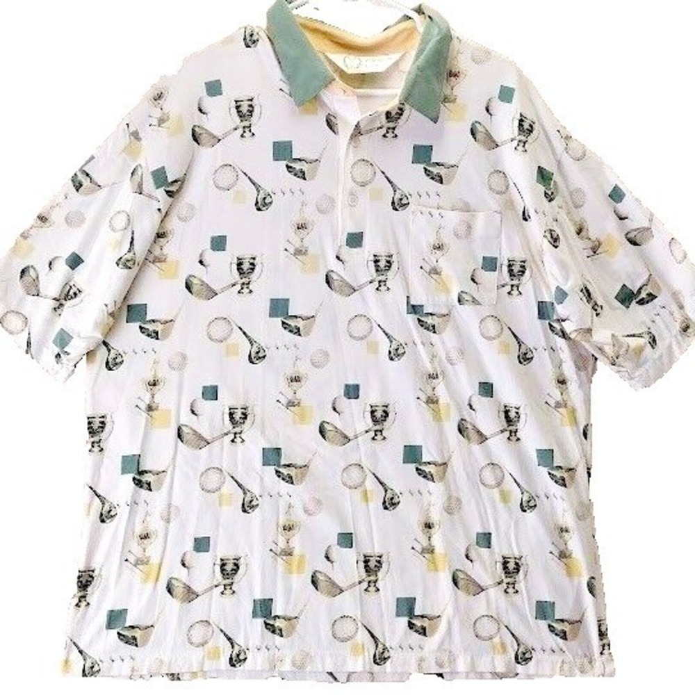 Palmland Club Men's Golf Polo Shirt XXL All Over Print Short Sleeve Green Collar